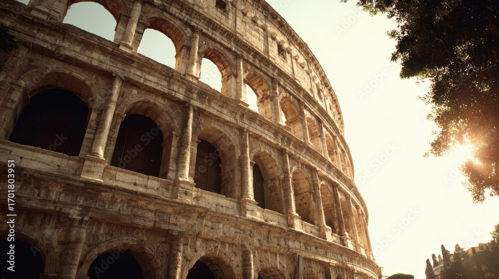Obraz premium Iconic Colosseum: Ancient Roman Amphitheater with Majestic Arches and Warm Sunlight, Representing History, Architecture, and Travel Destinations