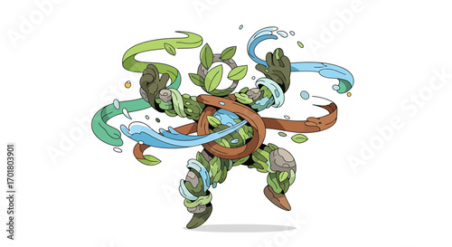 A powerful nature elemental golem, crafted from rock and leaf, surrounded by the swirling energy of wind and water