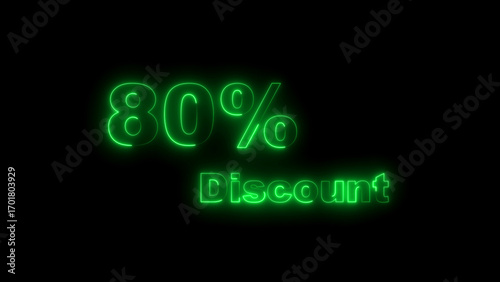Eighty Percent Discount Neon Sign Glowing Green on Black Background 80 percent sale