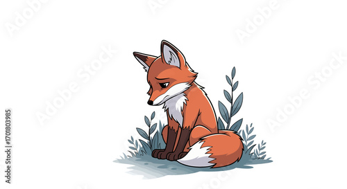 An emotional illustration of a sad and lonely red fox character sitting down. A melancholic woodland animal cub feeling down, isolated on a white background