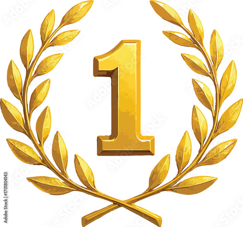 Golden laurel wreath with number one symbol of victory and achievement