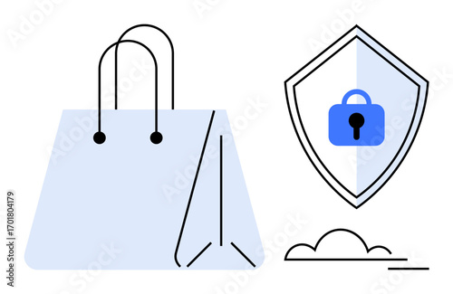 Shopping bag with handles beside a shield with a lock, representing secure online shopping. Ideal for e-commerce, cybersecurity, online payment safety, privacy protection, data encryption, digital