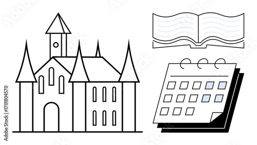 Gothic castle with pointed towers, open book with pages, and a desk calendar. Ideal for heritage, education, history, storytelling, planning time and scheduling. Simple flat metaphor