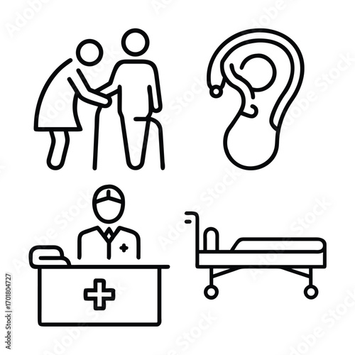 Four simple line art icons depict elderly assistance, an ear with hearing aid, a medical receptionist, and a hospital gurney.