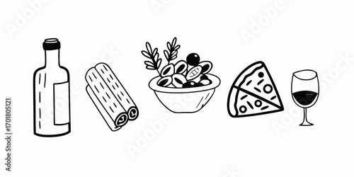 Illustration of a wine bottle, cinnamon sticks, salad bowl, pizza slice, and a wine glass arranged nicely