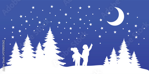 Christmas background village. Christmas scene with reindeer, stars and snow, good for holiday Christmas banner or card