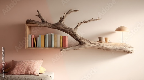 Bookshelf made from driftwood on wall with books lamp and cups in a room with a bed and pillows