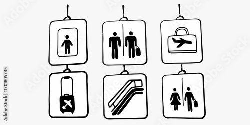 Airport signs hanging with symbols for restroom luggage escalator and travel information in black and white