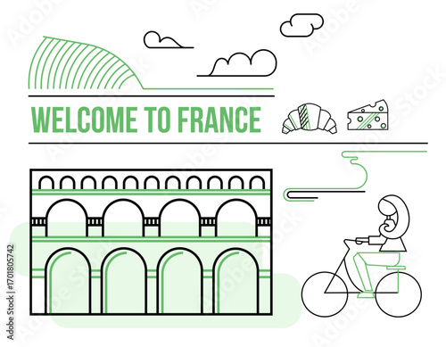 Vector line art of the Pont du Gard with cyclist, croissant, cheese, hills, and clouds. The text “Welcome to France” emphasizes French culture, gastronomy, and lifestyle in a clean minimalist style.