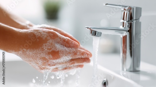 Close up photo of hands washing with soap under running water from chrome faucet in modern white sink, bright clean bathroom scene symbolizing hygiene, health and Global Handwashing Day