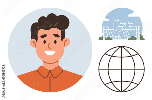 Smiling man in circular frame, modern shopping mall, and globe icon emphasizing global business, connection, retail, and lifestyle. Ideal for commerce, travel, marketing networking urban life