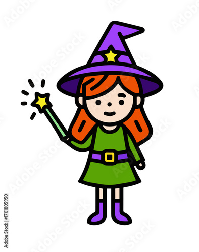 Cute Halloween Witch Girl Vector Illustration, Funny Cartoon Character in Costume with Magic Wand.