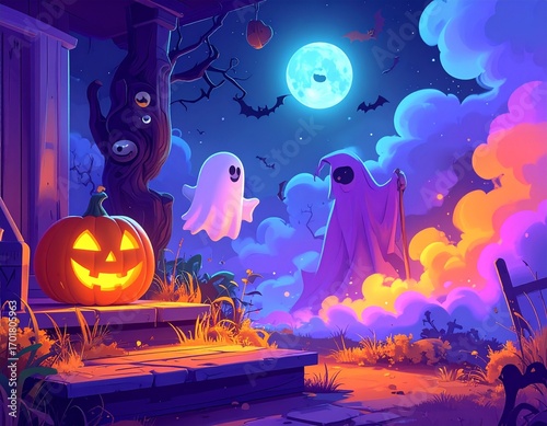 Mystical Helloween Night with Ghosts and Jack-o'-lantern