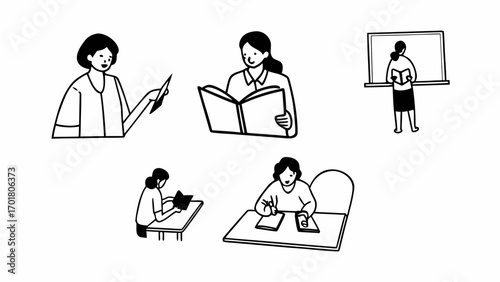 Illustrations of women reading and teaching in various settings and poses in black and white style