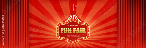 Colorful retro poster with bold circus tent and spotlight. Design for carnival, event, concert or amusement show. Vintage layout with starburst rays. Vector illustration, red color