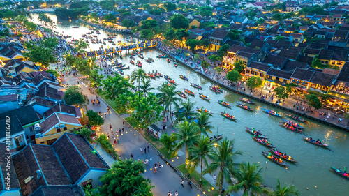 Aerial view of Hoi An ancient town, Vietnam. Famous old town for travel in Vietnam, UNESCO World Heritage.