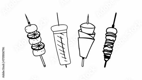 Illustration of four different types of food on sticks with various shapes and textures in black and white