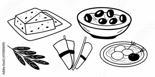 Illustration of cheese olives bread and other foods in a black and white drawing style image art