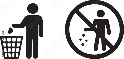 Man disposing trash icon and no littering sign symbol for cleanliness