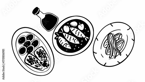 Three plates of food and a bottle of sauce illustrated in black and white simple line drawing style