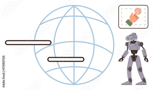 Humanoid robot beside a globe with connection bars and a touchscreen icon. Ideal for technology, innovation, AI, internet, automation, global communication, modern connectivity. Simple flat metaphor