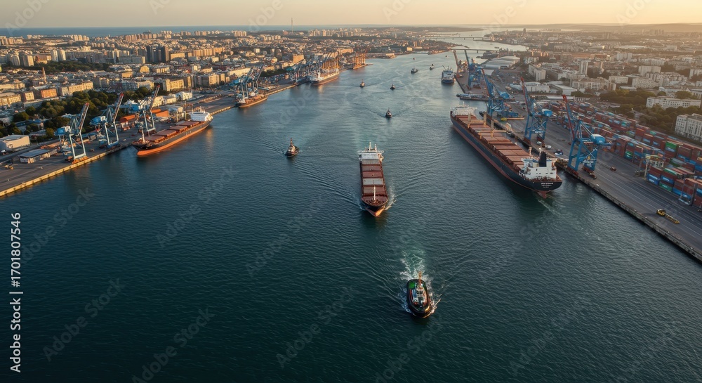 Naklejka premium Aerial View of Busy Shipping Port with Cargo Ships, Cranes, and Vibrant Cityscape During Sunset