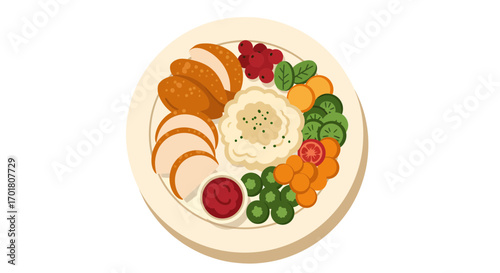 Deliciously plated roast chicken dinner with mashed potatoes, gravy, and fresh vegetables offering a comforting and wholesome meal experience
