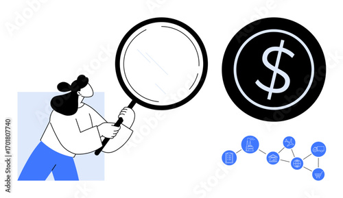 Woman using magnifying glass to focus on large dollar sign and exploring connected network. Ideal for finance, analysis, research, strategy, economy, investment, decision-making. Simple flat metaphor
