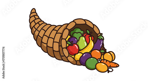 Abundant cornucopia overflowing with vibrant fruits and fresh vegetables symbolizing harvest bounty and seasonal abundance for festive celebrations