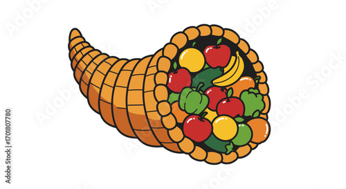 Abundant cornucopia overflowing with vibrant fresh fruits and vegetables symbolizing harvest and plenty, perfect for autumn celebrations and healthy eating themes.
