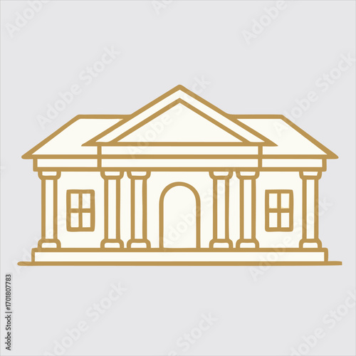 Classic Architectural Silhouette: Elegant illustration of a classical building facade featuring pillars, windows, and a gable roof, embodying timeless architectural beauty and symmetrical design.