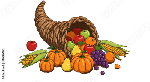 Abundant harvest cornucopia overflowing with vibrant fruits and vegetables symbolizing autumn bounty and Thanksgiving celebration