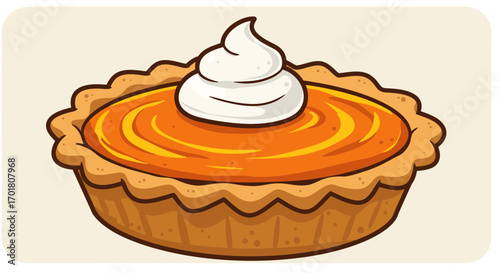 Delightful cartoon pumpkin pie with a dollop of whipped cream, perfect for fall holidays and festive baking projects