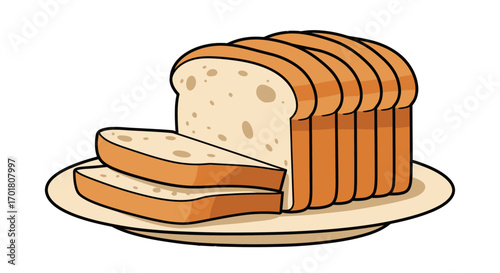 Freshly baked sliced loaf of bread and two extra slices presented on a simple plate, perfect for breakfast or bakery promotions