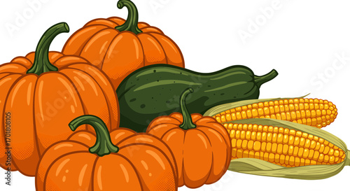 Abundant harvest of vibrant pumpkins, fresh corn, and green squash ready for autumn celebrations and seasonal cooking