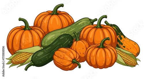 Abundant harvest of vibrant pumpkins, gourds, and fresh corn ears creating a rich autumn bounty perfect for seasonal celebrations and healthy cooking inspiration