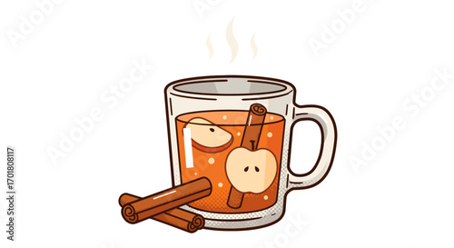 Warm cozy mug filled with steaming apple cider featuring fresh apple slices and cinnamon sticks, perfect for autumn and winter celebrations.