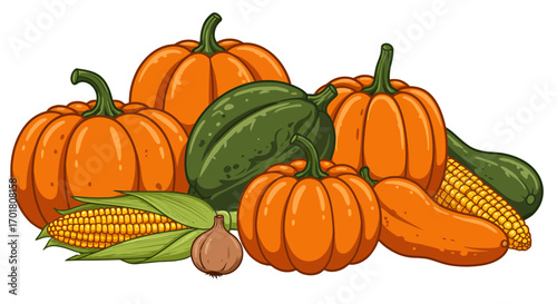 Vibrant autumn harvest bounty featuring plump pumpkins, fresh corn, squash, and garlic, perfect for seasonal celebrations and healthy cooking