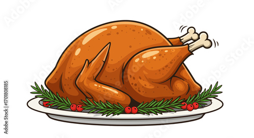 Deliciously roasted golden turkey centerpiece adorned with fresh rosemary and cranberries, perfect for festive holiday feasts and culinary celebrations.