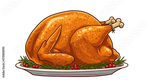 Juicy golden roasted turkey centerpiece beautifully garnished with rosemary and cranberries, perfect for festive holiday feasts and celebratory meals.