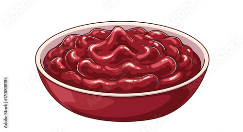 Rich, glossy cranberry sauce piled high in a festive red bowl, perfect for holiday feasts and culinary creations