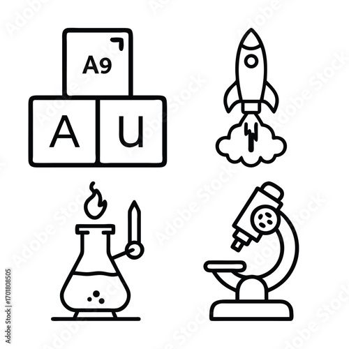 science, icons, chemistry, space, biology, discovery, learning, education, research, innovation, rocket, launch, clouds, microscope, lab, flask, beaker, flame, periodic table, elements, gold, au, a9, 