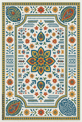 Moroccan Folk art inspired Carpet with modern Pattern in high definition isolated on white canvas with trending colors
