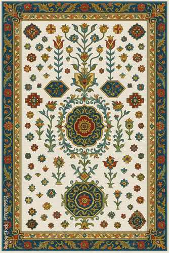 Moroccan Folk art inspired Carpet with modern Pattern in high definition isolated on white canvas with trending colors
