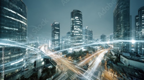 Futuristic Cityscape at Night with Light Streaks, Representing Connectivity and Modern Urban Development