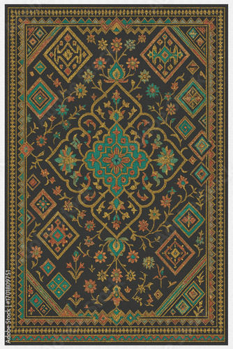 Moroccan Folk art inspired Carpet with modern Pattern in high definition isolated on white canvas with trending colors
