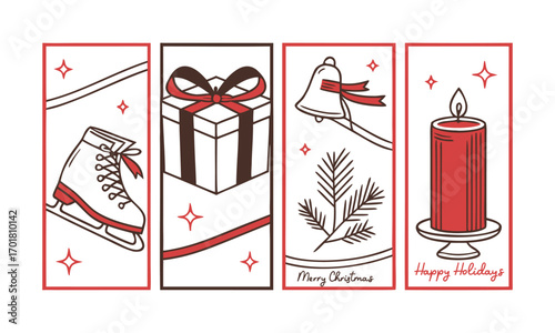 Vintage Holiday Card Set Minimal Line Art Gift Box, Ice Skates, Candle, and Bell with Red Bows, easily editable and scalable.