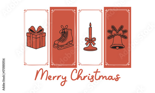 Vintage Holiday Card Set Minimal Line Art Gift Box, Ice Skates, Candle, and Bell with Red Bows, easily editable and scalable.