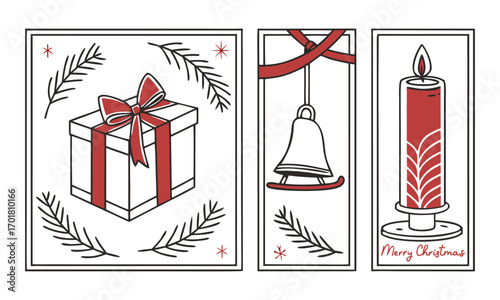Vintage Holiday Card Set Minimal Line Art Gift Box, Ice Skates, Candle, and Bell with Red Bows, easily editable and scalable.