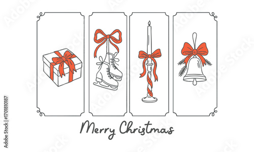 Vintage Holiday Card Set Minimal Line Art Gift Box, Ice Skates, Candle, and Bell with Red Bows, easily editable and scalable.